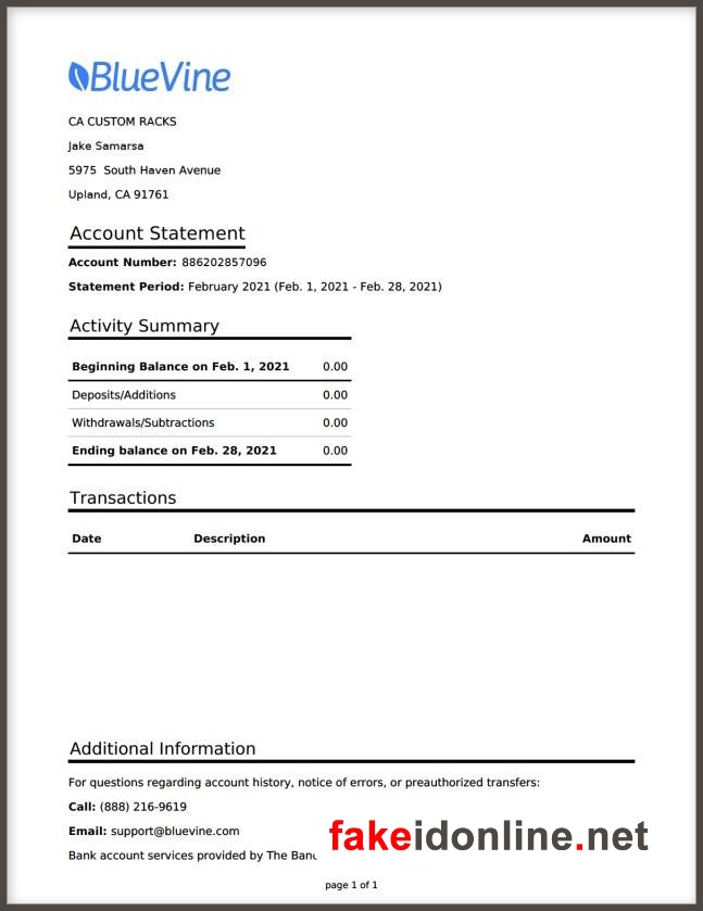 BlueVine Editable Word Bank Statement